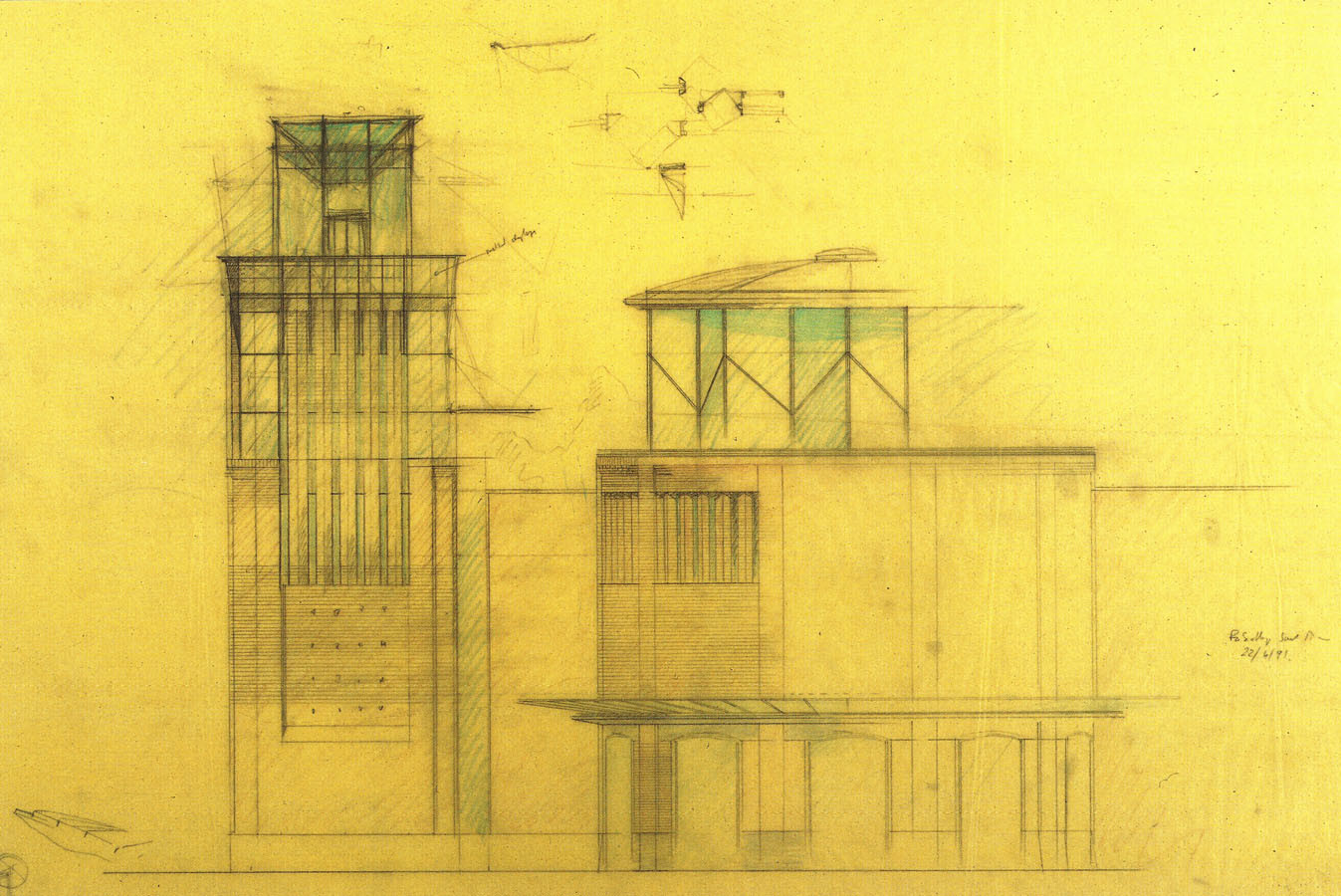 Légende, Croquis de la bibliothèque municipale de Saint-Pierre-des-Corps, ©Jean-Yves Barrier, 1993